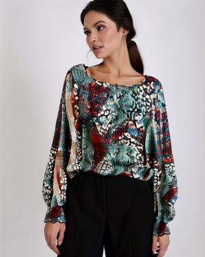 Ashley Stewart Women's Plus Size Blue, White and Red Abstract Blouse